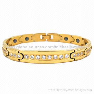Magnetic Stainless Steel Bracelets with 38pcs of CZ Stones and Plating IP Gold